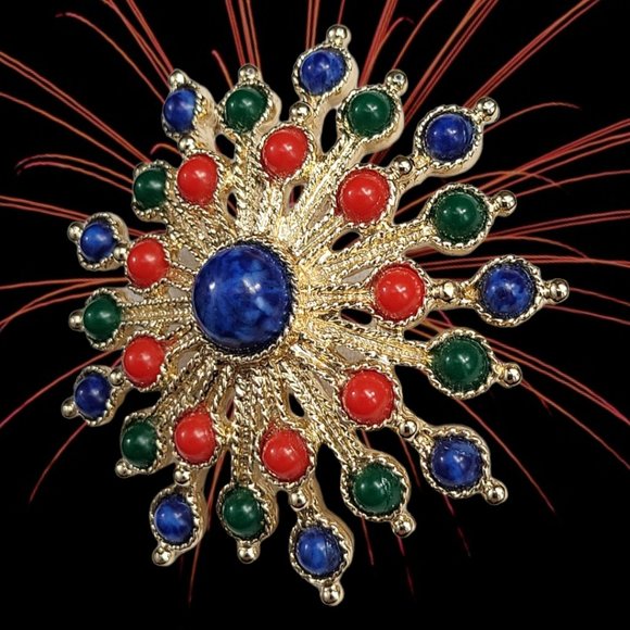 Designer Brooch Signed Sarah Coventry 60’s Red Blue Burst Pattern - Picture 6 of 6